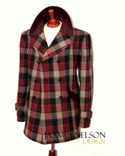Plaid burgundy and beige P-coat. Leather collar.