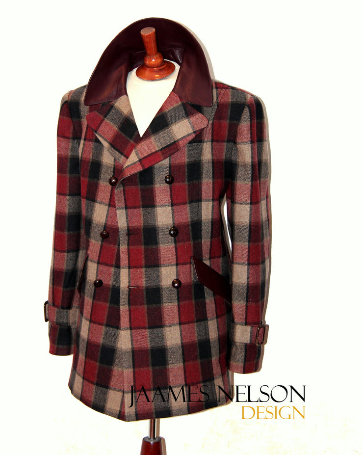 Plaid burgundy and beige P-coat. Leather collar.