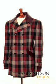 Plaid burgundy and beige P-coat. Leather collar.