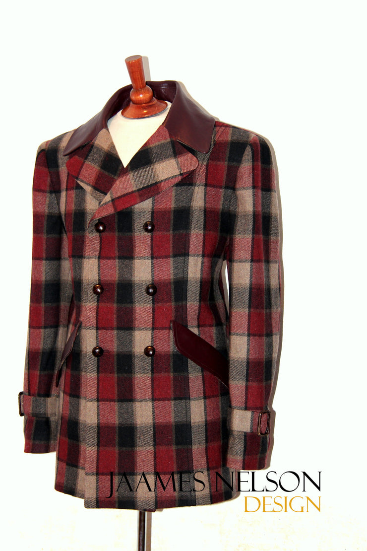 Plaid burgundy and beige P-coat. Leather collar.